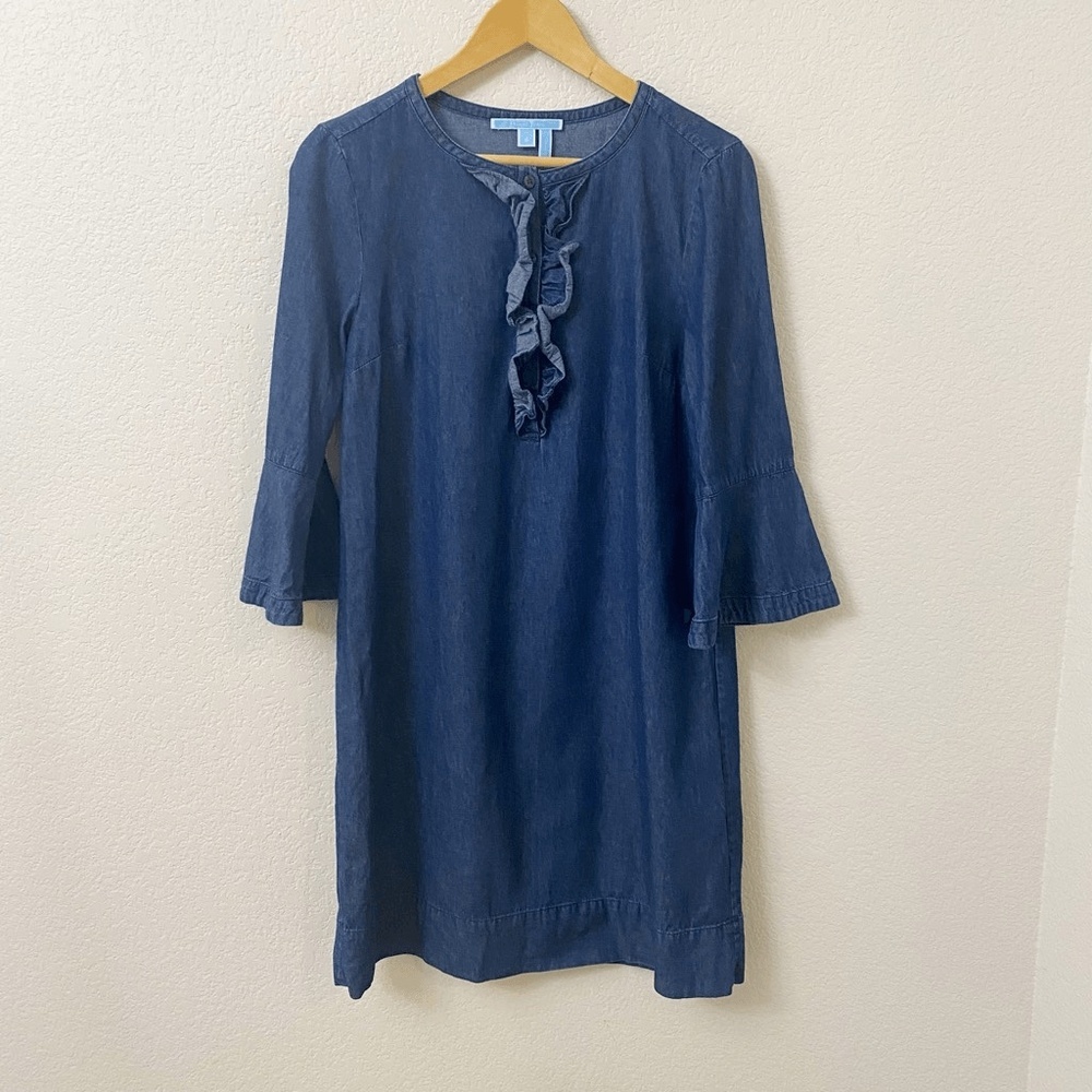 Draper James Size 8 Chambray Dress Dark Wash Ruffle 3/4 Sleeve